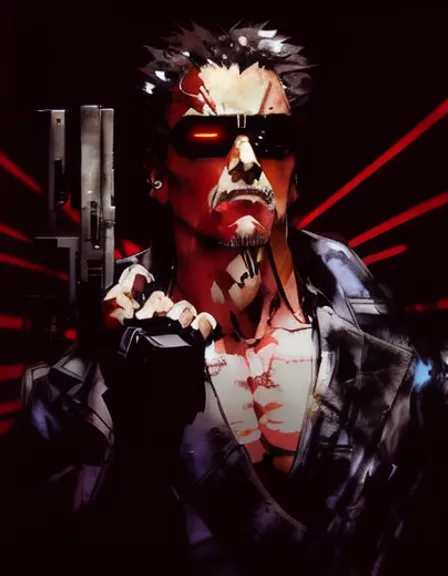 a man holding a gun and wearing sunglasses. jaw, vision care, flash photography, artist, art, performing arts, fictional character, entertainment, darkness, event