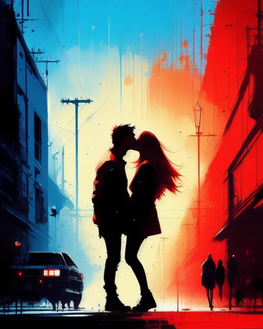 a man and a woman kissing on a city street