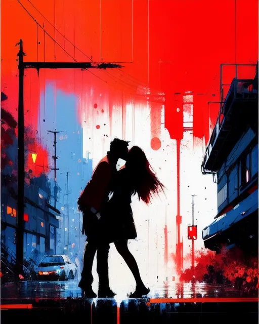 a painting of two people kissing in the rain