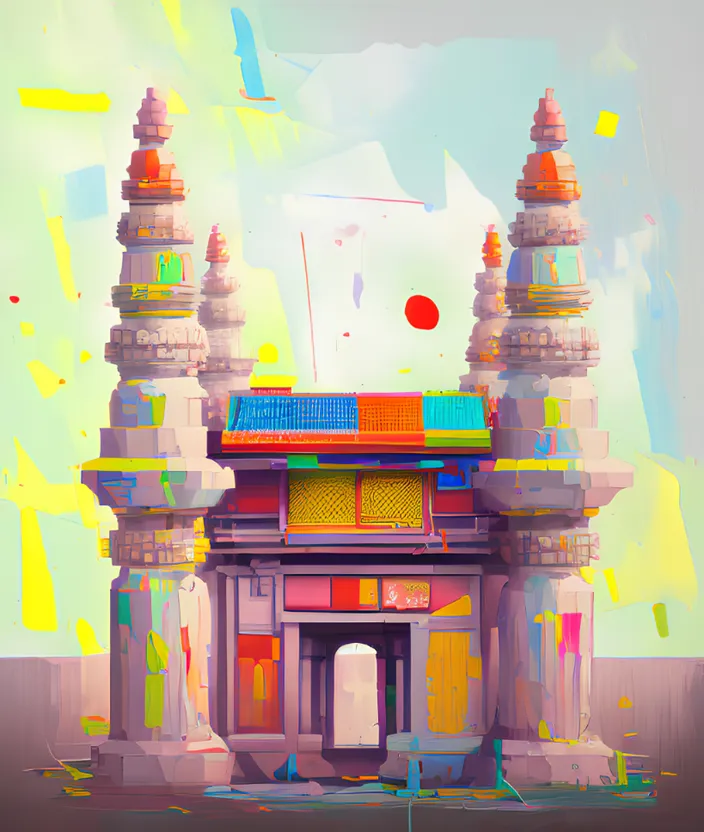 a digital painting of a colorful building