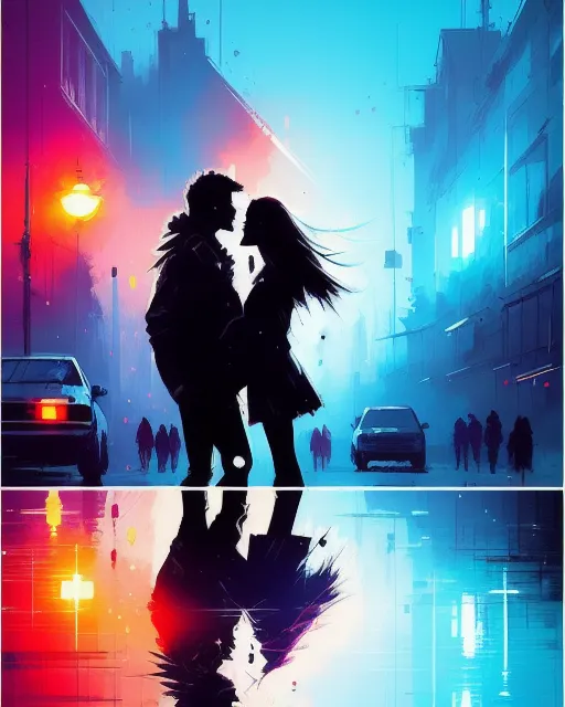 a couple kissing on the street in front of a car