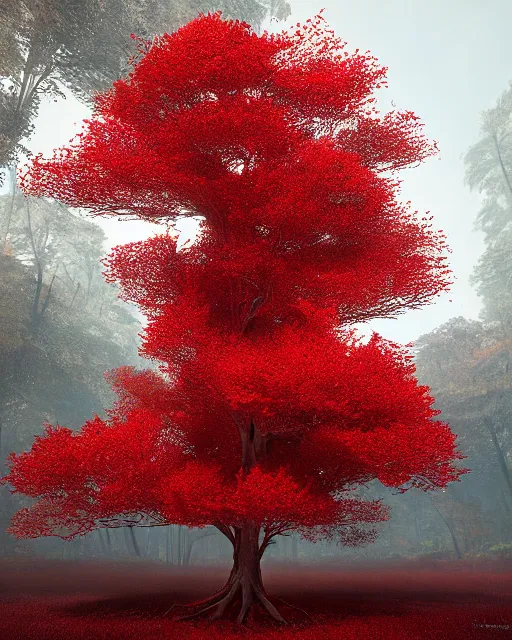 a red tree in the middle of a foggy forest