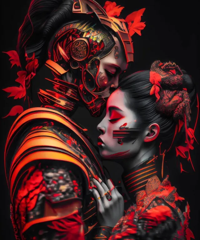 a couple of geisha are embracing each other