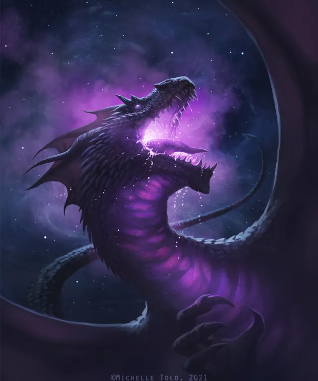 A painting of a purple dragon with its mouth open : 2 | improved lighting, tone, and clarity  by Winston Tang. Improve the lighting, tone and clarity