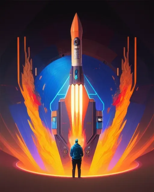 a man standing in front of a rocket ship