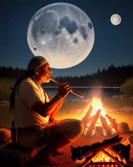 a man sitting in front of a fire with a full moon in the background