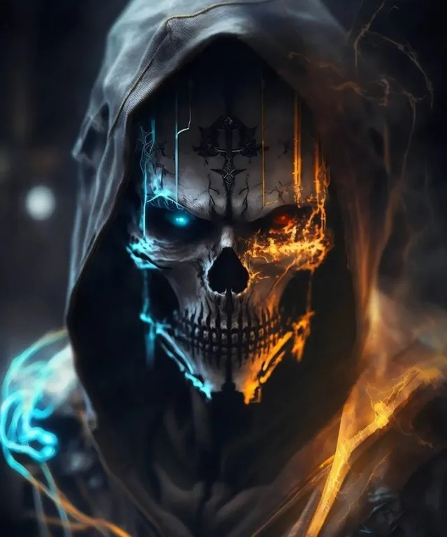 a skull wearing a hooded jacket and glowing eyes