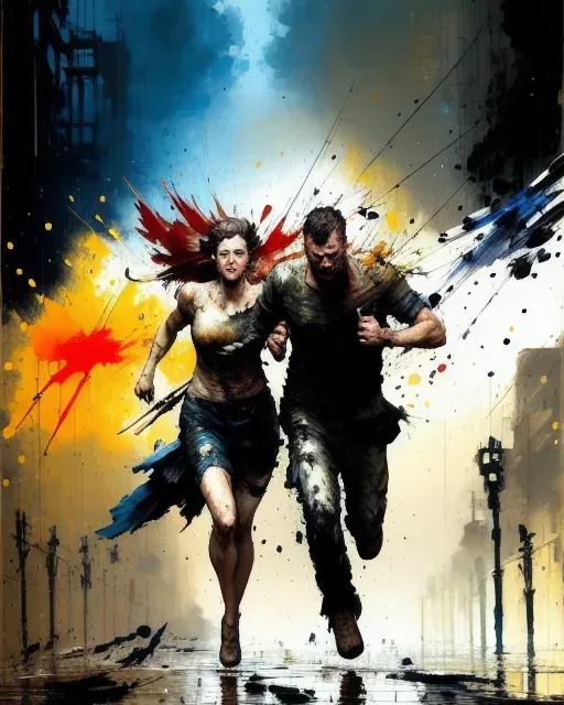 a painting of two people running in the rain