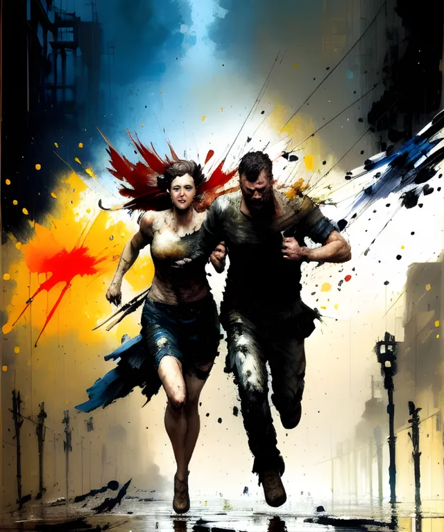 a painting of a man and a woman running