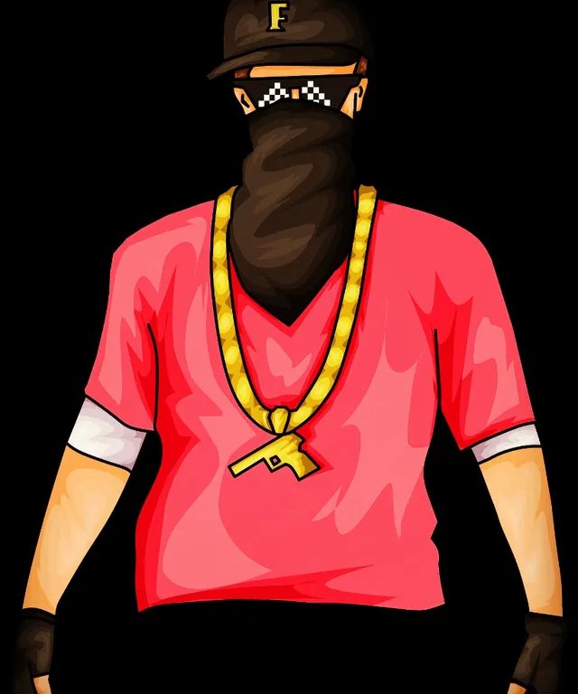 a man wearing a red shirt and a gold necklace