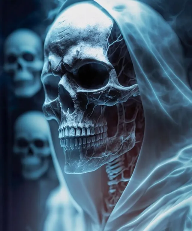 a skeleton in a hooded jacket with a hood on