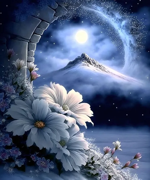 a painting of flowers and a mountain in the background