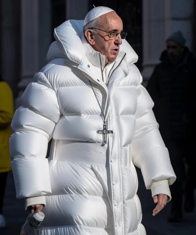 a man in a white jacket walking down the street