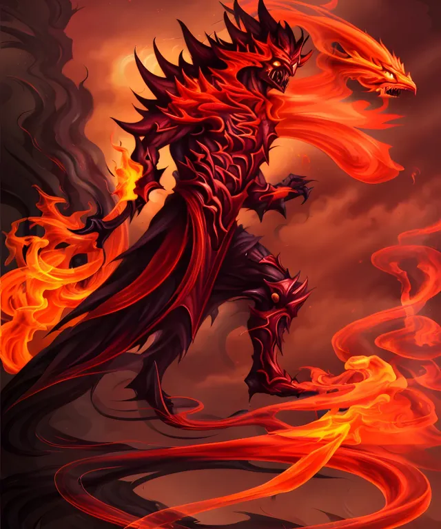 a painting of a demon with flames on it's body