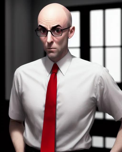 cartoonish, tall, thin, bald man with glasses, big ears and panicked face, wearing short sleeve with black tie, shooting with a gun in front, drawn carbon style