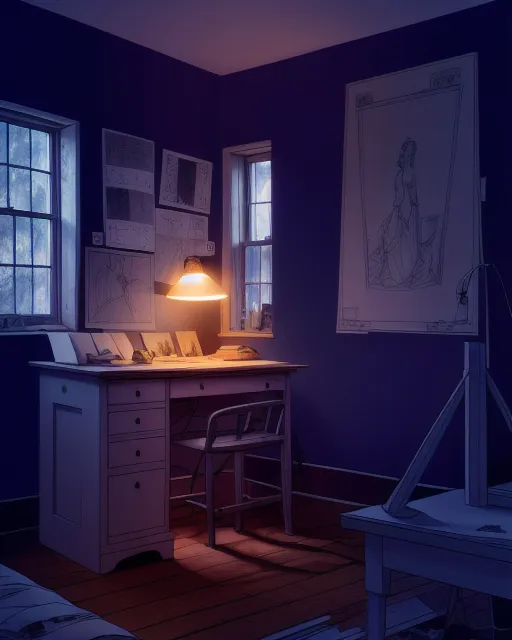 a room with a desk, chair, lamp and pictures on the wall