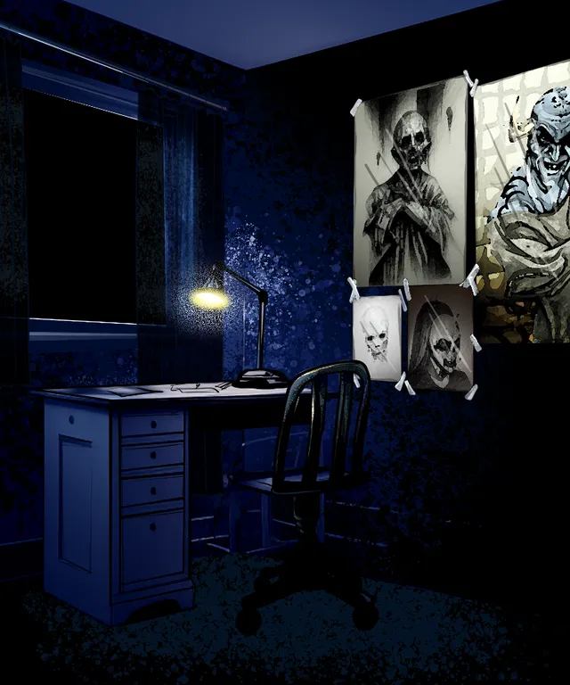 turns into a dirty and dark office, the pictures are replaced with evil spirits