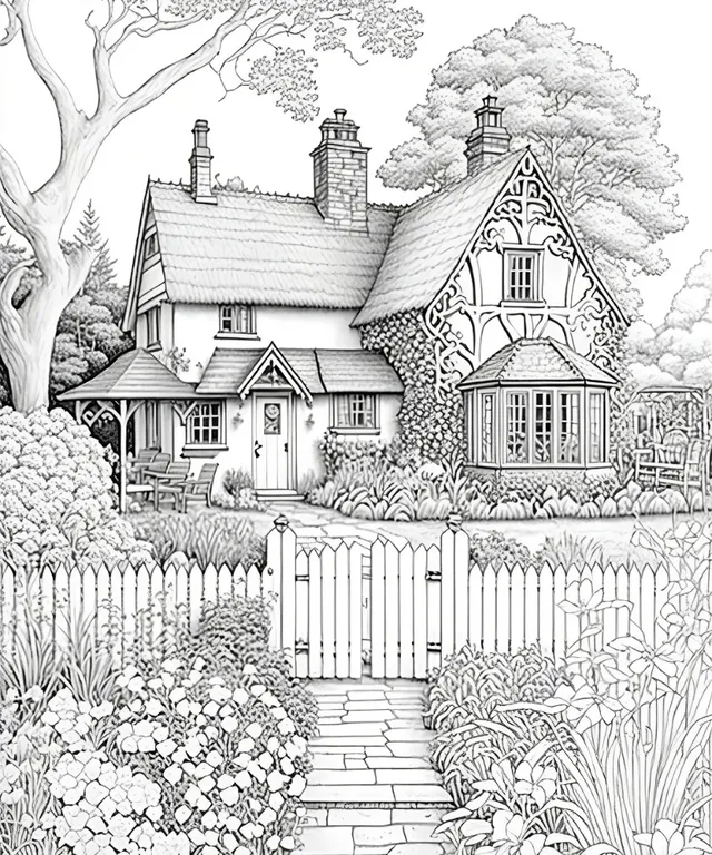 a drawing of a house in a garden