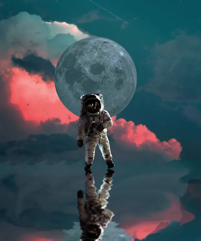 a man in an astronaut suit standing in front of a full moon