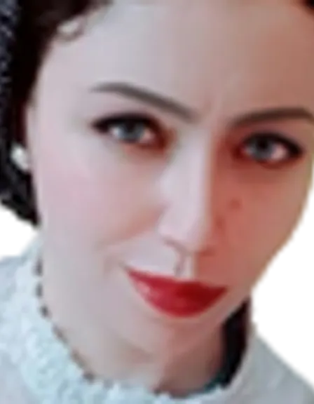 a woman in a white dress with a red lip