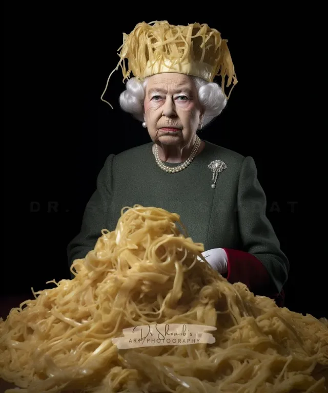 a woman in a wig and a pile of noodles