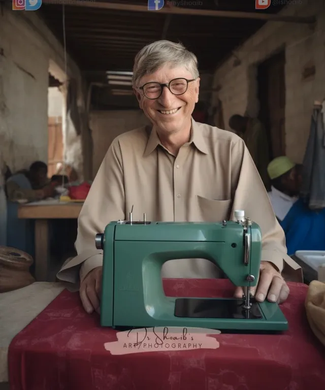 a man sitting at a table with a sewing machine