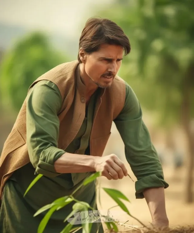 a man kneeling down next to a plant