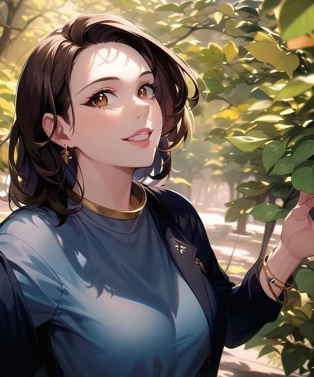 a woman standing in front of a tree