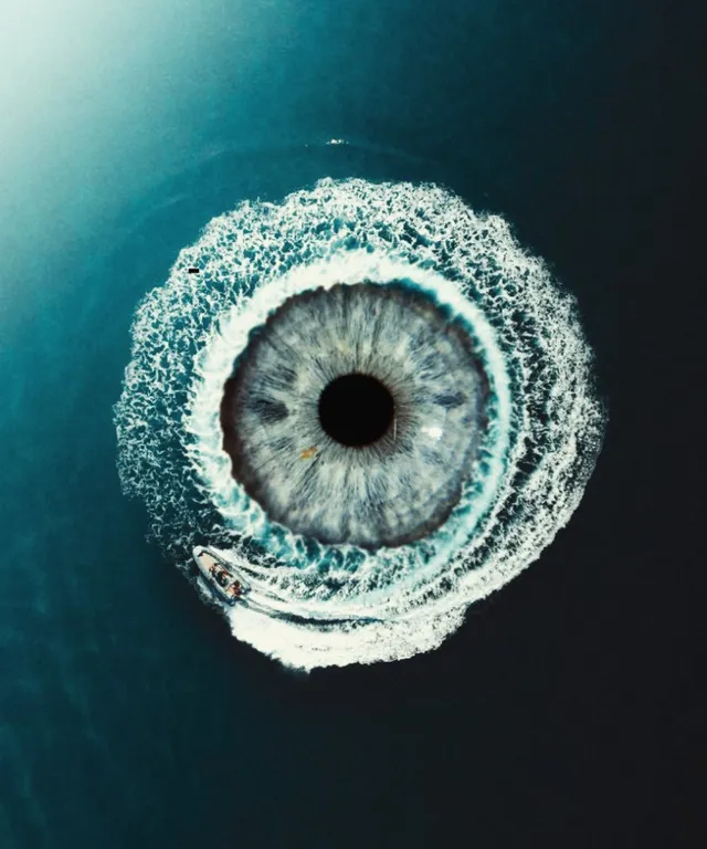 an aerial view of an eyeball in the ocean