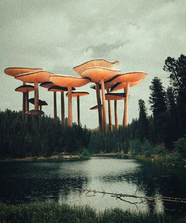 a group of large mushrooms sitting on top of a lake