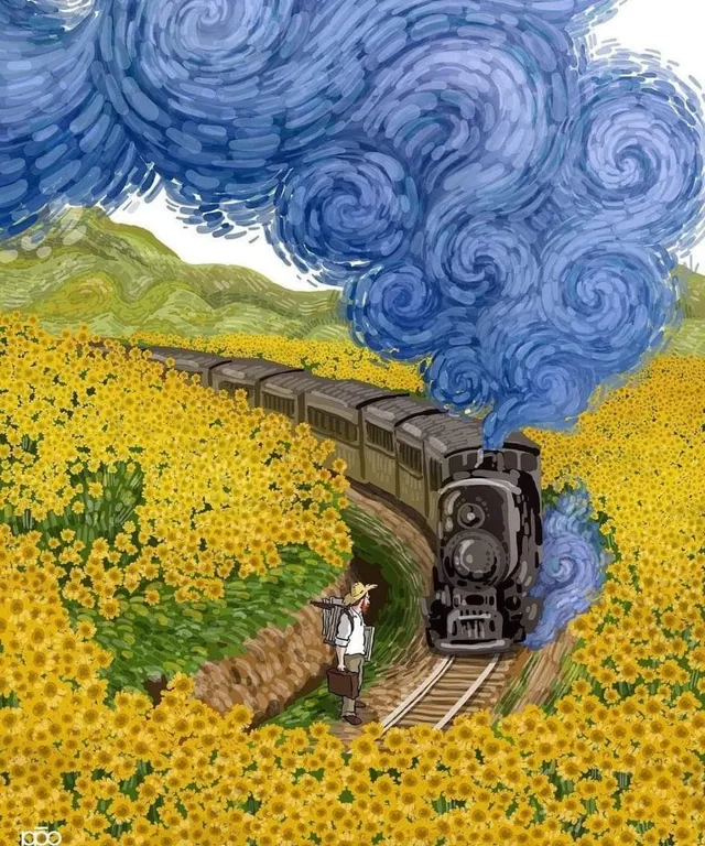 a painting of a train traveling through a field of sunflowers