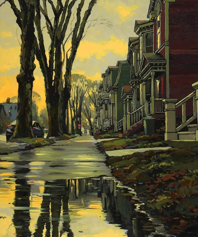 a painting of a street with houses and trees