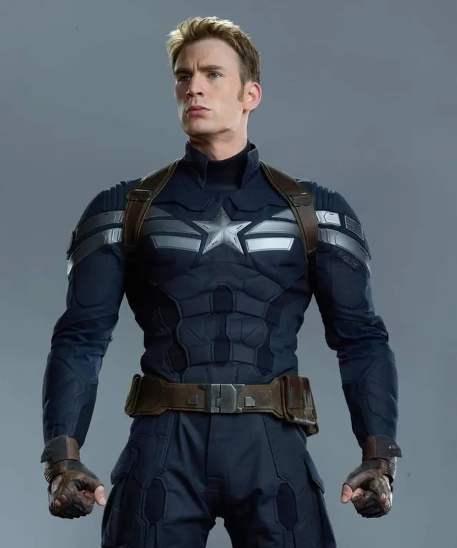 a man in a captain america suit standing in front of a gray background