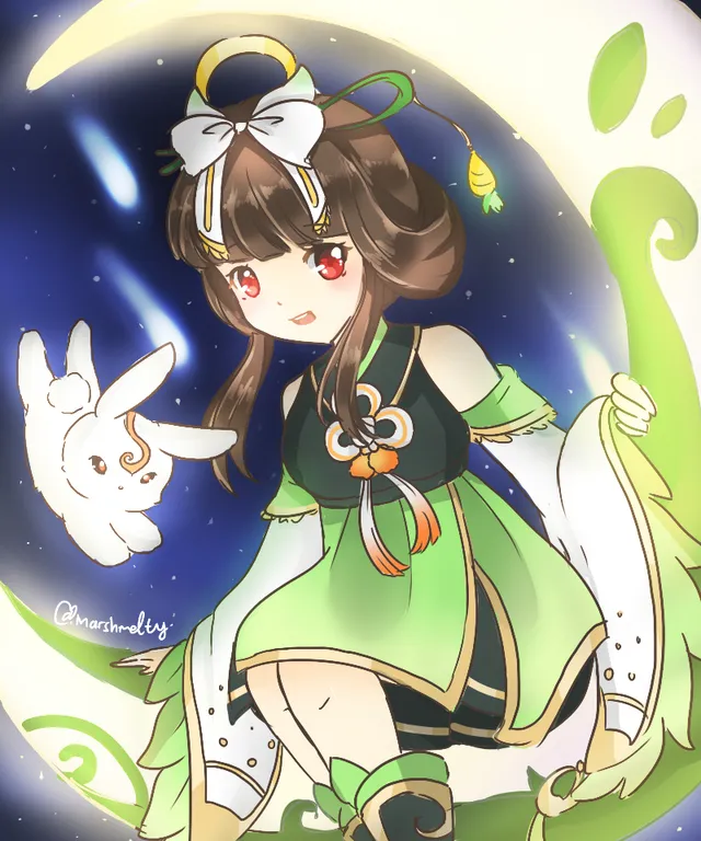 a girl in a green dress sitting on the moon