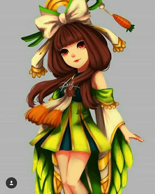 a girl in a green dress with a carrot on her head