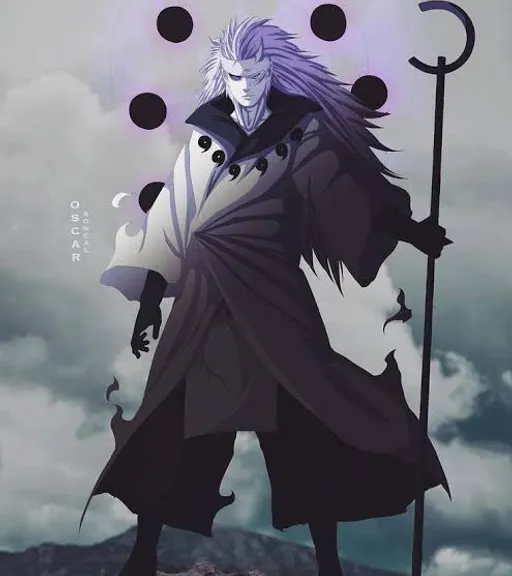 a man with purple hair holding a staff