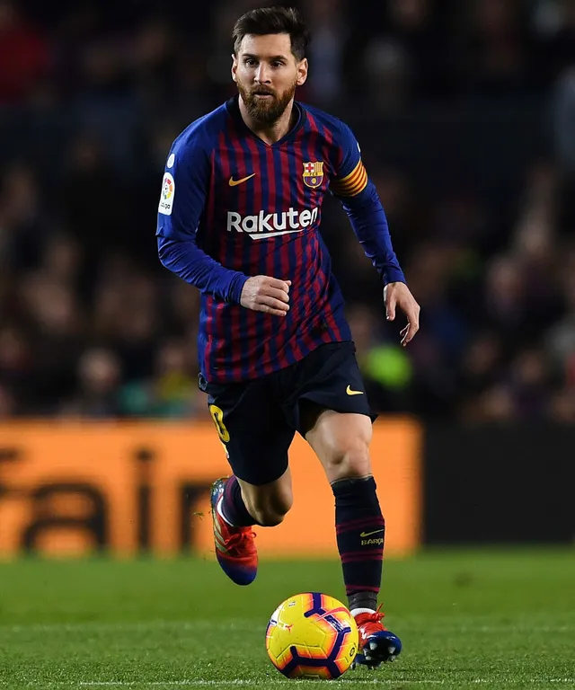 a man running with a soccer ball on a field make him look like a real messi and add some sharpness and brightness