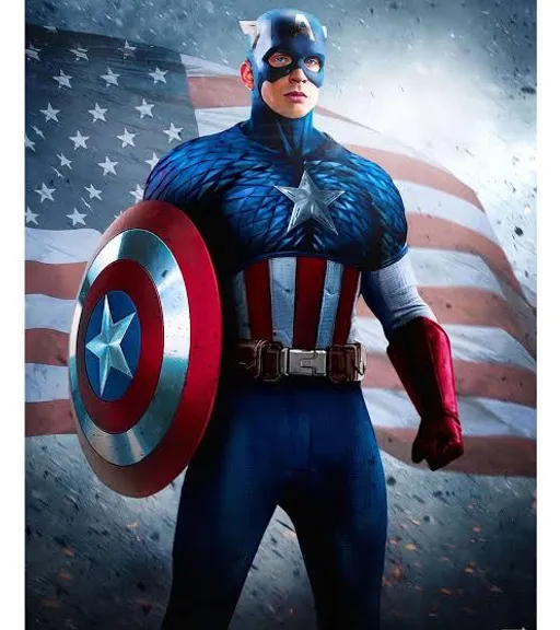 a man dressed as captain america holding a shield