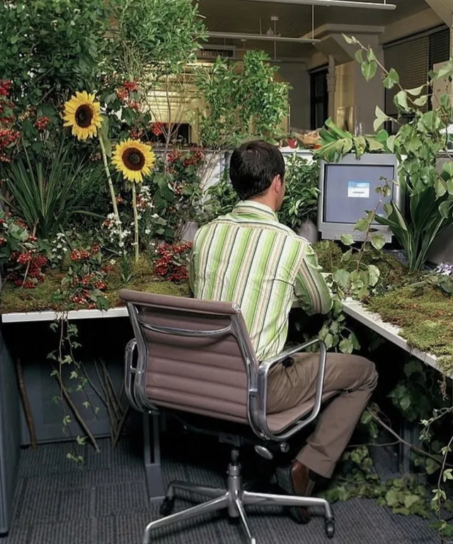 Plant, furniture, flower, leaf, computer monitor, grass, chair, public space, leisure, comfort. create an abstract collage