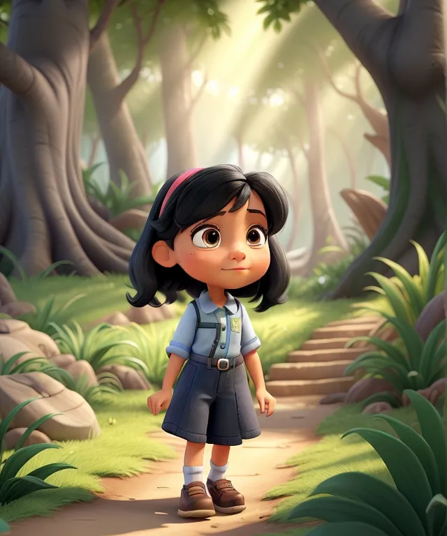 a little girl standing in the middle of a forest