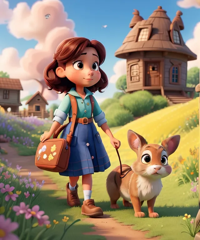 a little girl is walking with a dog