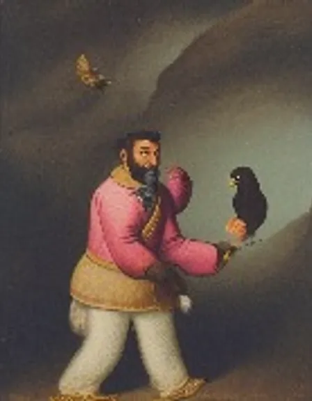 a painting of a man holding a bird. human body, gesture, art, painting, beard, visual arts, fun, fur, illustration, room