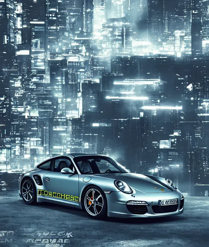 a silver porsche parked in front of a city skyline