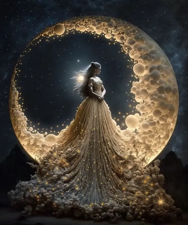 a woman in a dress standing on the moon