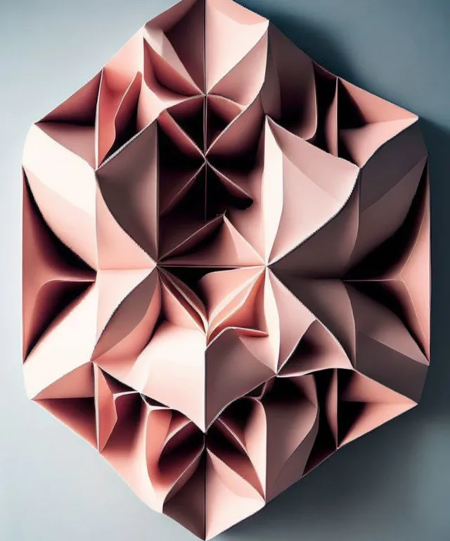 a pink origami sculpture hanging on a wall
