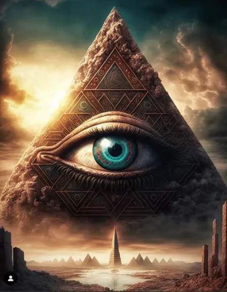 a pyramid with an eye in the middle of it. atmosphere, sky, world, light, cloud, nature, water, flash photography, lighting, art