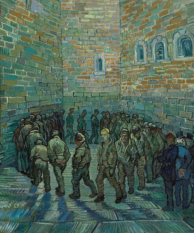 a painting of a group of people standing in a tunnel