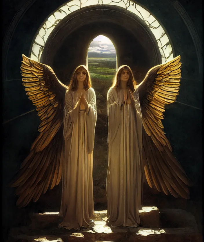 a painting of two angels standing in front of a doorway. organ, statue, sculpture, mythical creature, art, religious item, angel, supernatural creature, cemetery, beauty