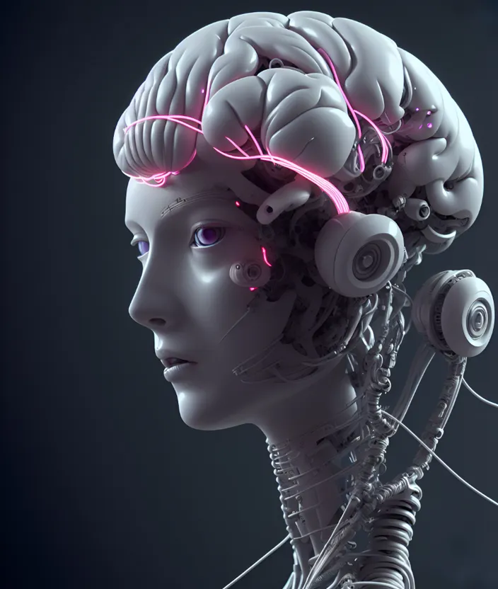 a model of a human head with a pink light coming out of the brain