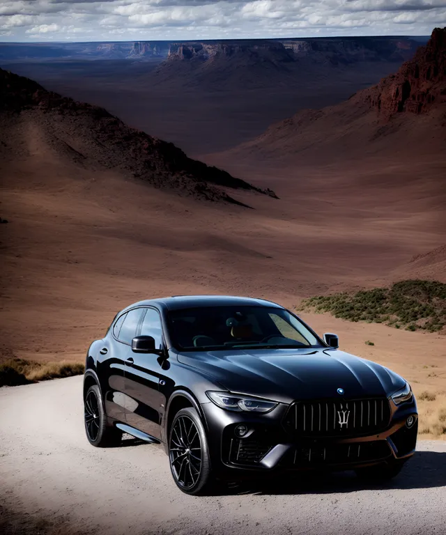 a black car driving down a desert road